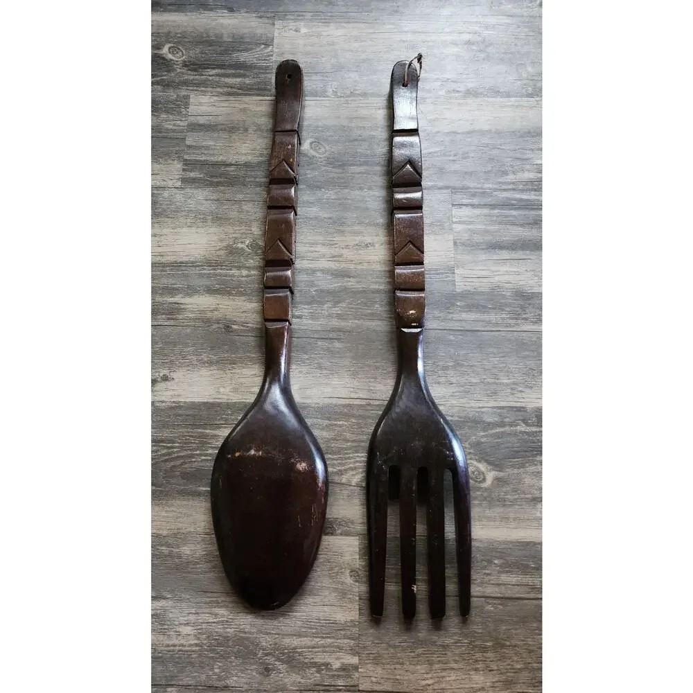 Vintage Mid Century Large Wooden Totem Pole Fork & Spoon Wall Kitchen Decor 28